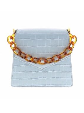 SINBONO ~ Light Baby Blue Croc-Embossed Top-Handle Bag with Tortoiseshell Chain